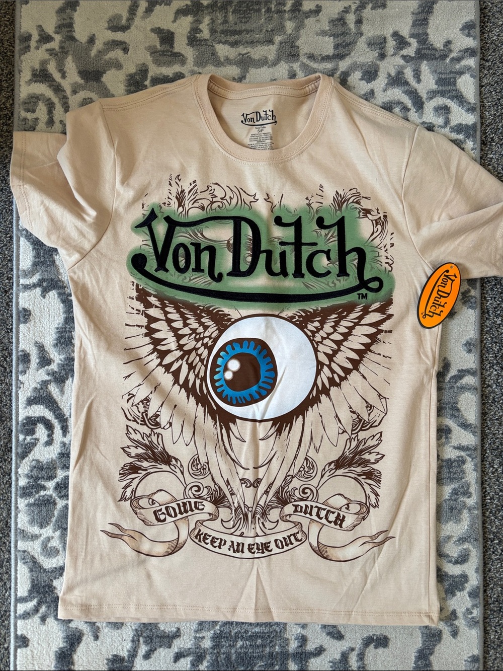 Von Dutch Beige Short Sleeve Tee with Blue Eye and Green Logo